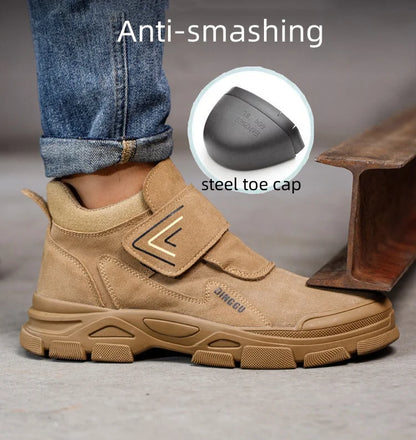 Men's Steel Toe Safety Boots – Cow Suede Leather, Platform, Hook & Loop Work Ankle Boots