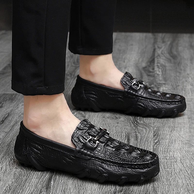 Luxury Genuine Leather Crocodile Style Loafers – Sheepskin Insole, Thick Bottom Driving Moccasins