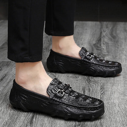 Luxury Genuine Leather Crocodile Style Loafers – Sheepskin Insole, Thick Bottom Driving Moccasins