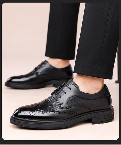 Men's Korean-Style Solid Cow Leather Brogue Shoes – Lace-Up, Height Increasing, Business Casual