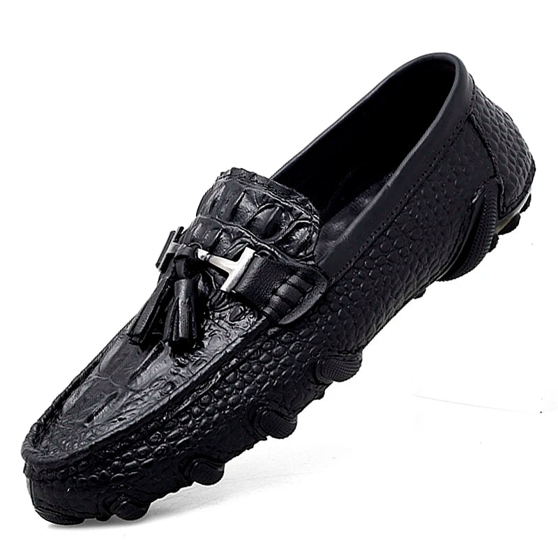 Luxury Genuine Leather Crocodile Style Loafers – Sheepskin Insole, Thick Bottom Driving Moccasins