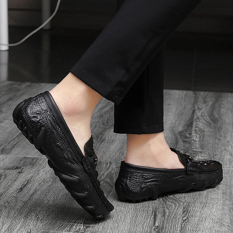 Luxury Genuine Leather Crocodile Style Loafers – Sheepskin Insole, Thick Bottom Driving Moccasins