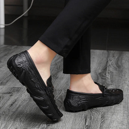 Luxury Genuine Leather Crocodile Style Loafers – Sheepskin Insole, Thick Bottom Driving Moccasins