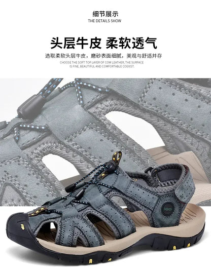 Summer Sandals Men's Baotou Beach Shoes Soft Soled Leather Anti Slip Outdoor Hollow Breathable Daily Casual Men's Shoes Slippers