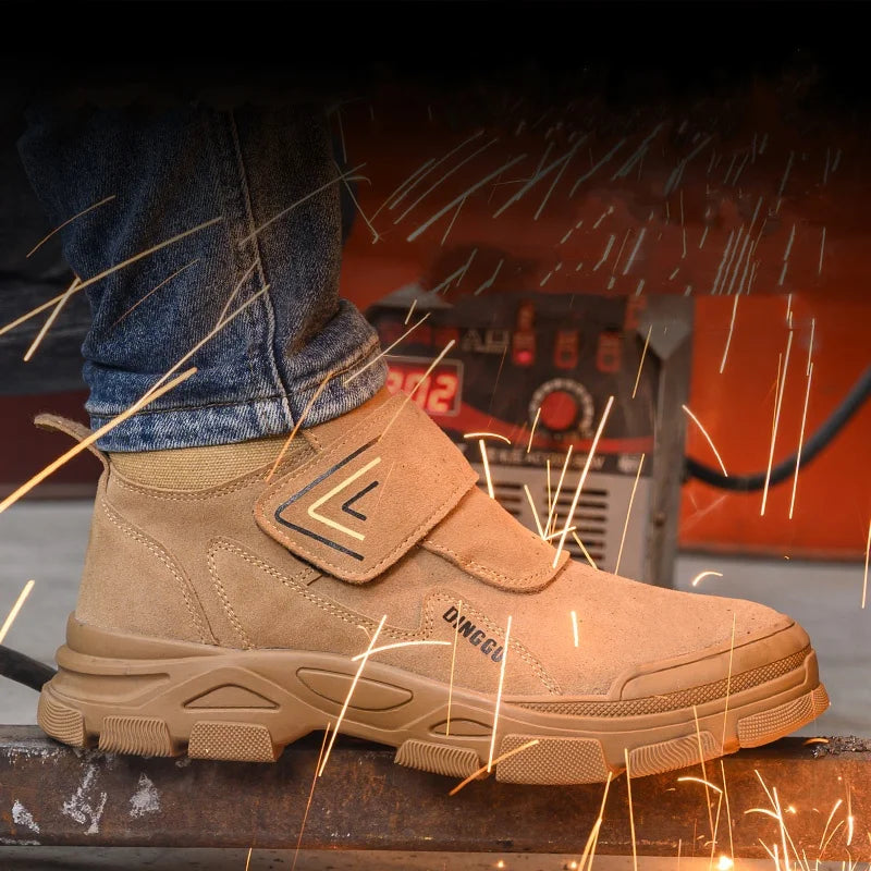 Men's Steel Toe Safety Boots – Cow Suede Leather, Platform, Hook & Loop Work Ankle Boots