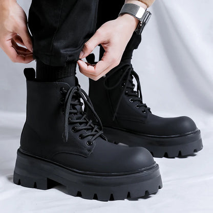 STRONGSHEN Men's High-Top Motorcycle Ankle Boots – Waterproof Split Leather, Fleece Lining, Platform Winter Boots