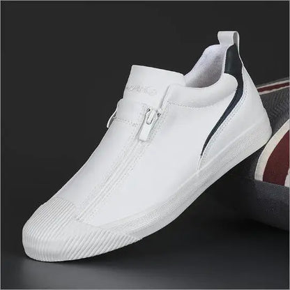 Men's Trendy PU Leather Soft Sole Casual Sneakers – Breathable, Height Increasing, Zip & Lace-Up