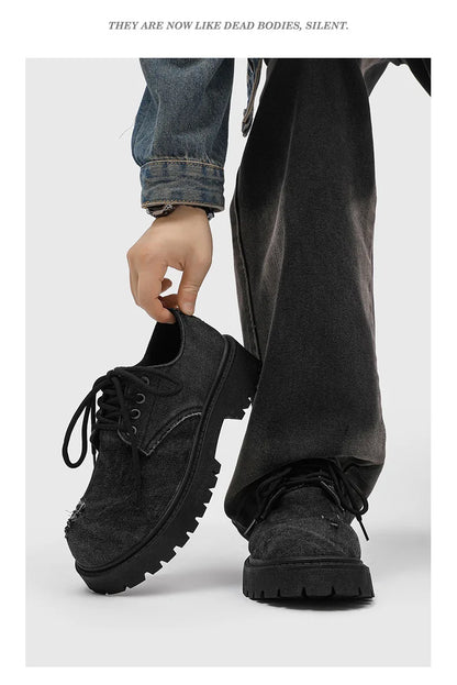 Men's Distressed Denim Derby Platform Boots – Chunky Grunge, Height Increasing, Streetwear Footwear
