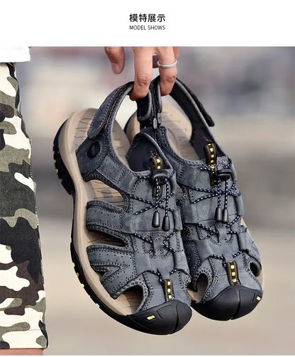 Summer Sandals Men's Baotou Beach Shoes Soft Soled Leather Anti Slip Outdoor Hollow Breathable Daily Casual Men's Shoes Slippers