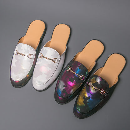 Men's Metallic Leather Half-Flip-Flops, Closed-Toe Sandals with Shallow V-Cut – New Style